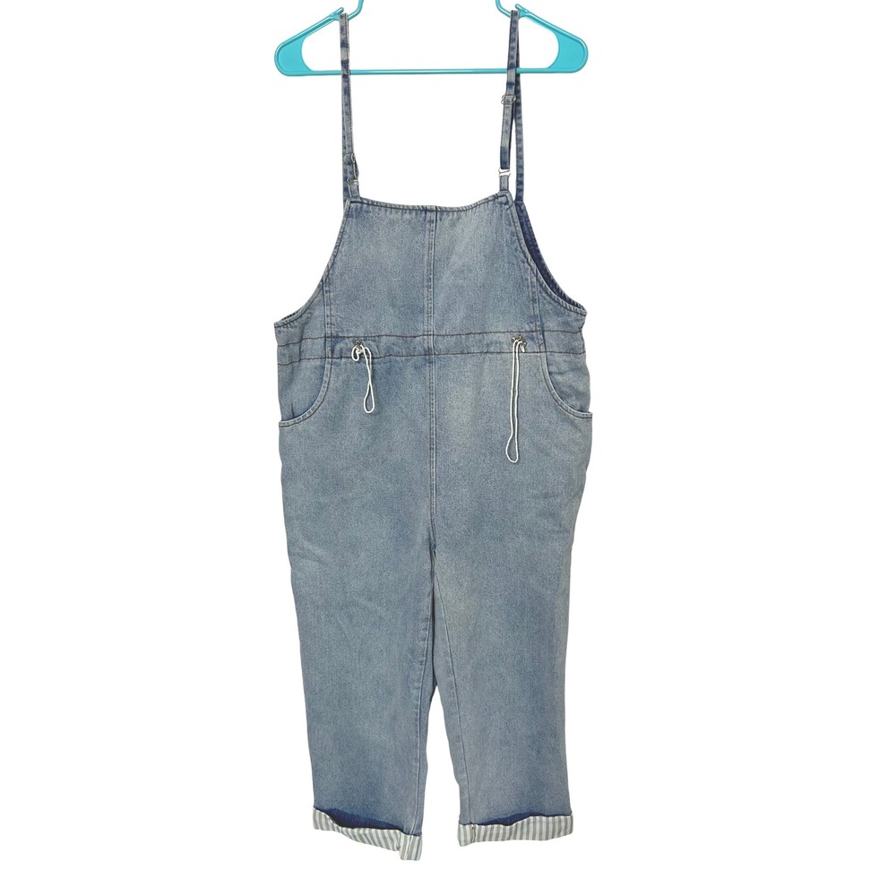 POL Denim Overalls‎ Womens M Cuffed Cropped Blue Jean Jumpsuit Drawstring Fall